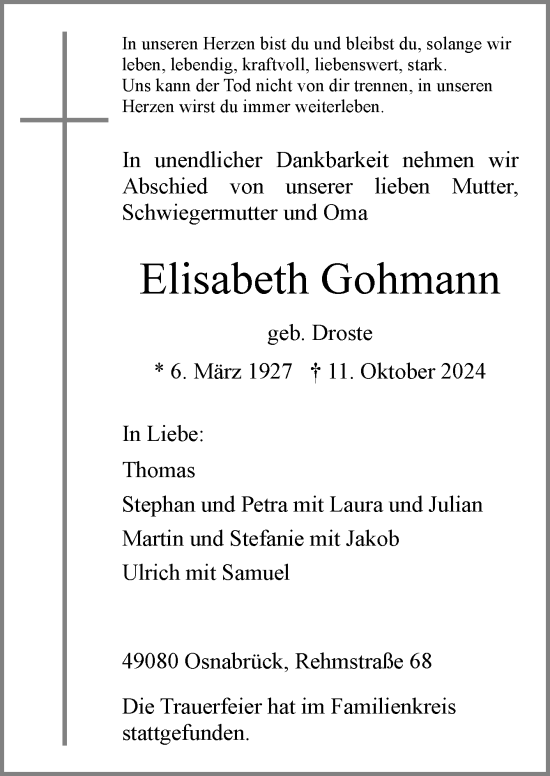 Traueranzeige von Elisabeth Gohmann von Neue Osnabrücker Zeitung GmbH & Co. KG