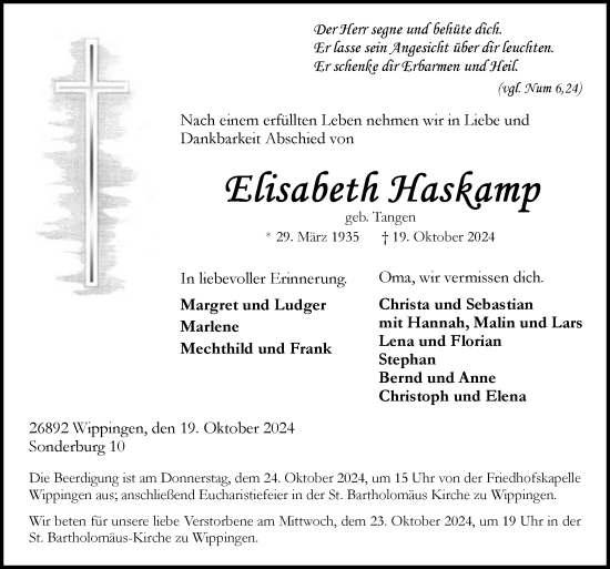 Traueranzeige von Elisabeth Haskamp von Neue Osnabrücker Zeitung GmbH &amp; Co. KG