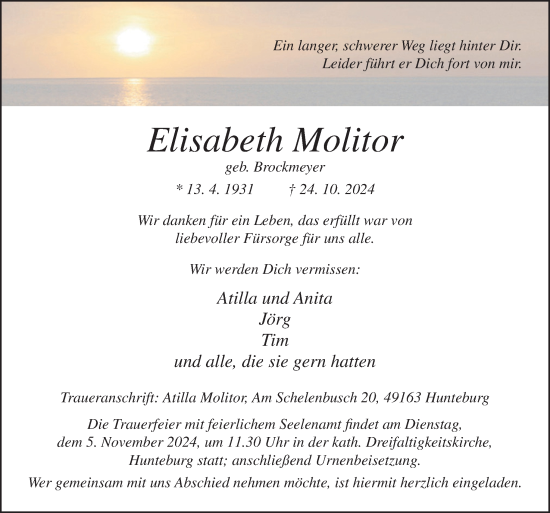 Traueranzeige von Elisabeth Molitor von Neue Osnabrücker Zeitung GmbH &amp; Co. KG