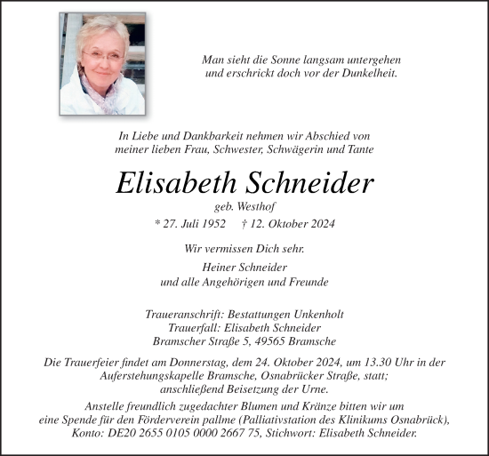 Traueranzeige von Elisabeth Schneider von Neue Osnabrücker Zeitung GmbH & Co. KG