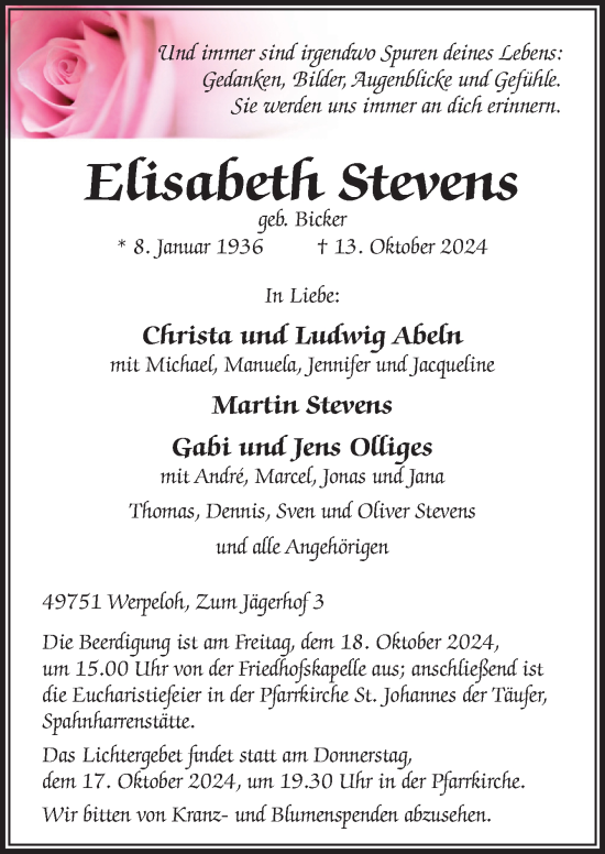 Traueranzeige von Elisabeth Stevens von Neue Osnabrücker Zeitung GmbH & Co. KG