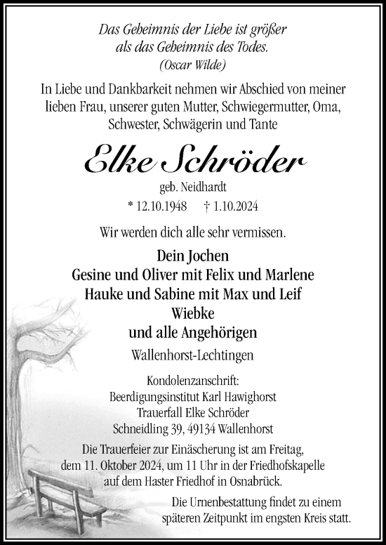 Traueranzeige von Elke Schröder von Neue Osnabrücker Zeitung GmbH & Co. KG