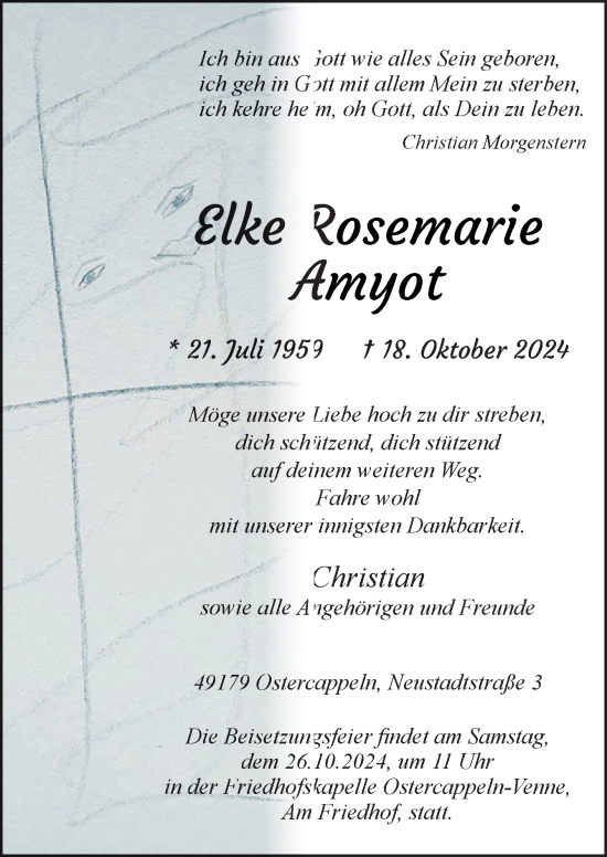 Traueranzeige von Elke Rosemarie Amyot von Neue Osnabrücker Zeitung GmbH & Co. KG