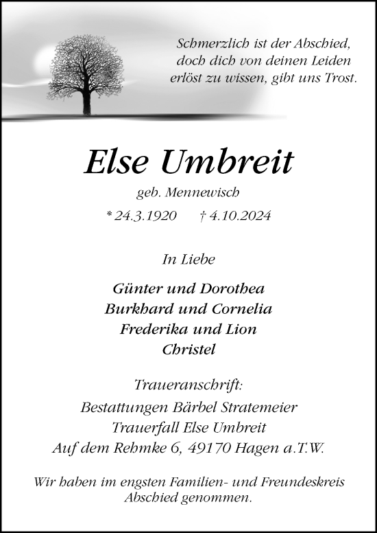 Traueranzeige von Else Umbreit von Neue Osnabrücker Zeitung GmbH & Co. KG