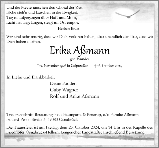 Traueranzeige von Erika Aßmann von Neue Osnabrücker Zeitung GmbH & Co. KG