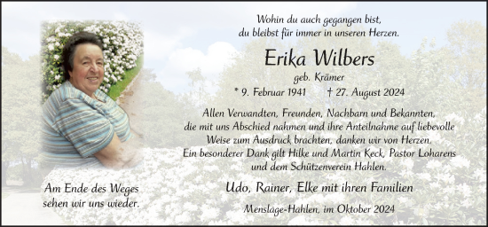 Traueranzeige von Erika Wilbers von Neue Osnabrücker Zeitung GmbH & Co. KG