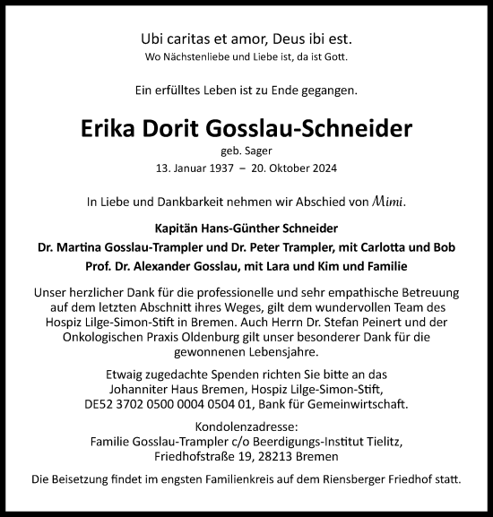 Traueranzeige von Erika Dorit Gosslau-Schneider von DK Medien GmbH & Co. KG