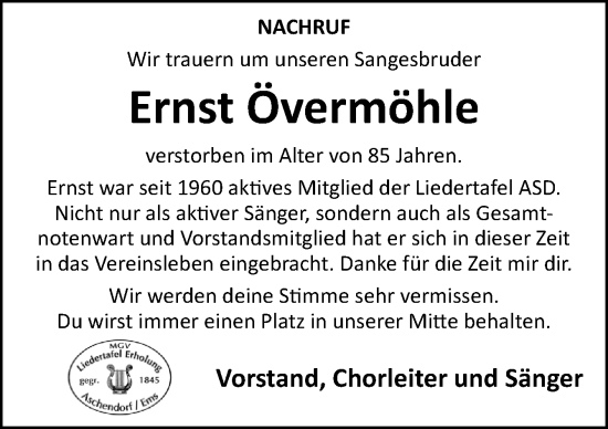 Traueranzeige von Ernst Övermöhle von Neue Osnabrücker Zeitung GmbH & Co. KG