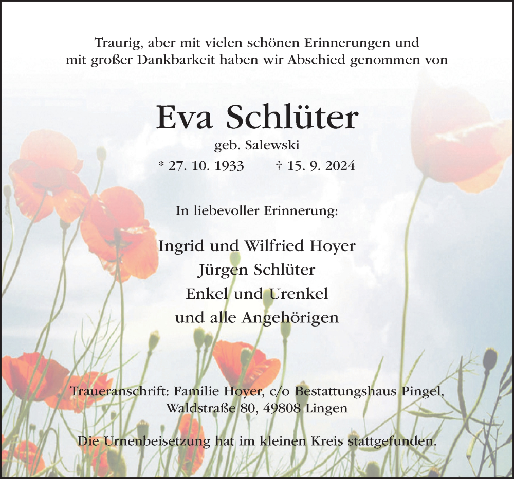  Traueranzeige für Eva Schlüter vom 05.10.2024 aus Neue Osnabrücker Zeitung GmbH & Co. KG