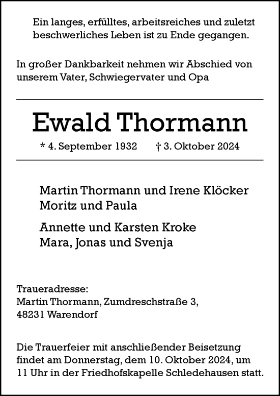 Traueranzeige von Ewald Thormann von Neue Osnabrücker Zeitung GmbH & Co. KG