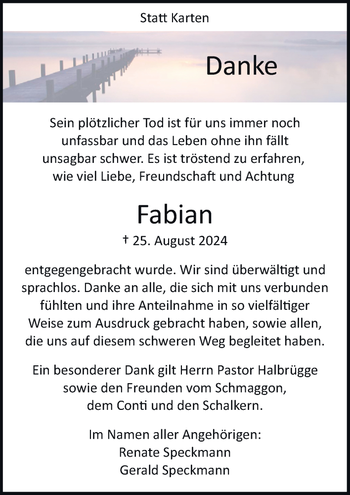  Traueranzeige für Fabian Speckmann vom 12.10.2024 aus Neue Osnabrücker Zeitung GmbH & Co. KG