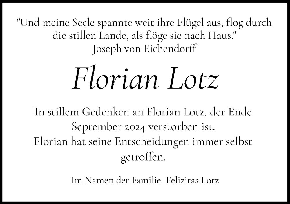  Traueranzeige für Florian Lotz vom 07.10.2024 aus Neue Osnabrücker Zeitung GmbH & Co. KG