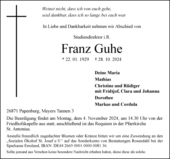 Traueranzeige von Franz Guhe von Neue Osnabrücker Zeitung GmbH & Co. KG