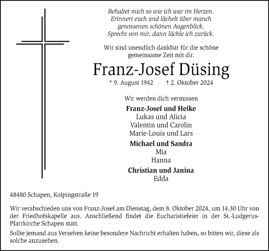 Traueranzeige von Franz-Josef Düsing von Neue Osnabrücker Zeitung GmbH & Co. KG