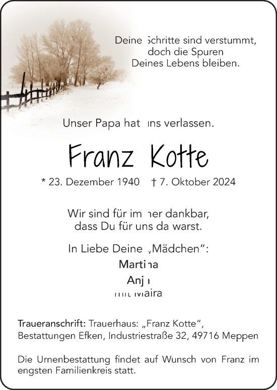 Traueranzeige von Franz Kotte von Neue Osnabrücker Zeitung GmbH & Co. KG