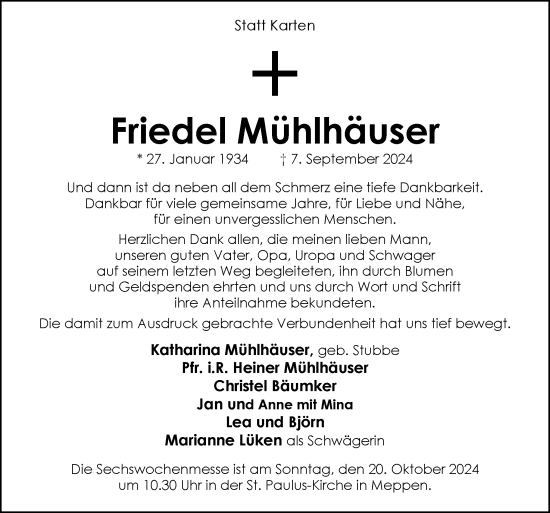 Traueranzeige von Friedel Mühlhäuser von Neue Osnabrücker Zeitung GmbH & Co. KG