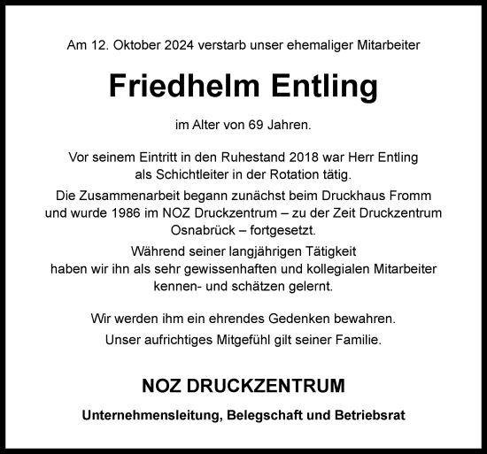 Traueranzeige von Friedhelm Entling von Neue Osnabrücker Zeitung GmbH & Co. KG