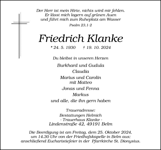 Traueranzeige von Friedrich Klanke von Neue Osnabrücker Zeitung GmbH &amp; Co. KG