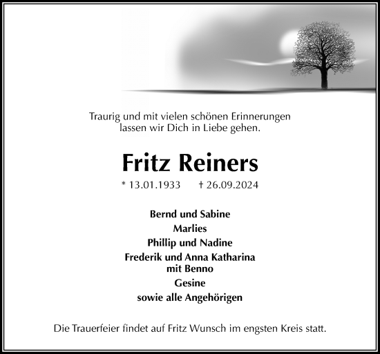 Traueranzeige von Fritz Reiners von DK Medien GmbH & Co. KG