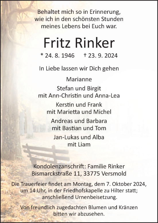 Traueranzeige von Fritz Rinker von Neue Osnabrücker Zeitung GmbH & Co. KG