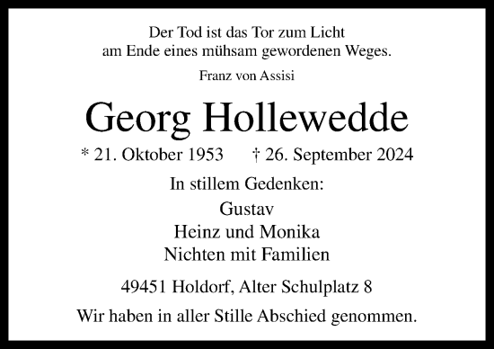 Traueranzeige von Georg Hollewedde von Neue Osnabrücker Zeitung GmbH & Co. KG