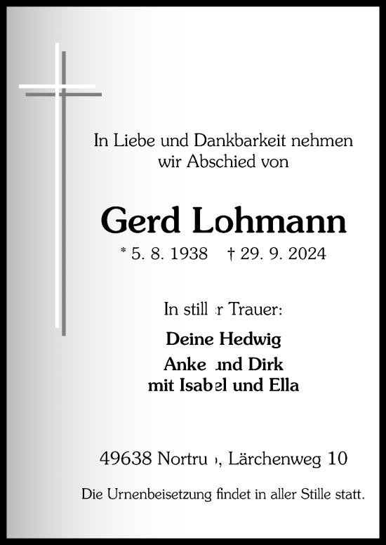 Traueranzeige von Gerd Lohmann von Neue Osnabrücker Zeitung GmbH & Co. KG