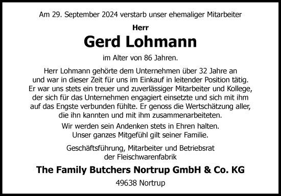 Traueranzeige von Gerd Lohmann von Neue Osnabrücker Zeitung GmbH & Co. KG