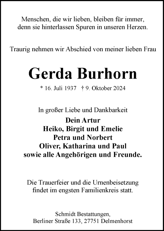 Traueranzeige von Gerda Burhorn von DK Medien GmbH & Co. KG