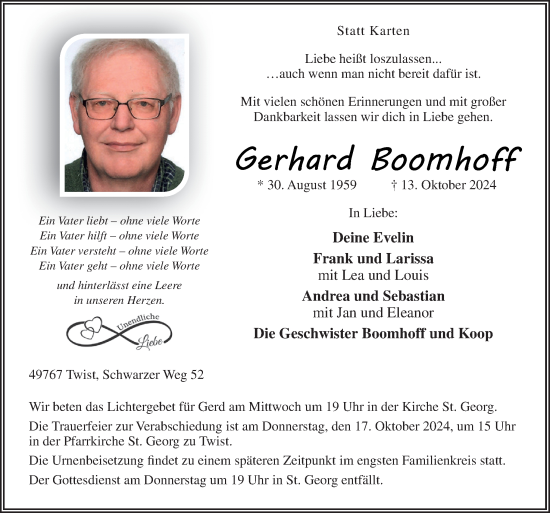 Traueranzeige von Gerhard Boomhoff von Neue Osnabrücker Zeitung GmbH & Co. KG