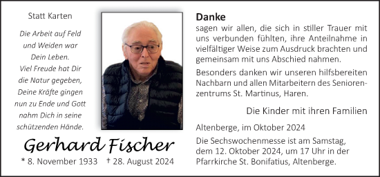 Traueranzeige von Gerhard Fischer von Neue Osnabrücker Zeitung GmbH & Co. KG