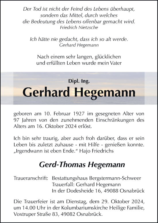 Traueranzeige von Gerhard Hegemann von Neue Osnabrücker Zeitung GmbH & Co. KG