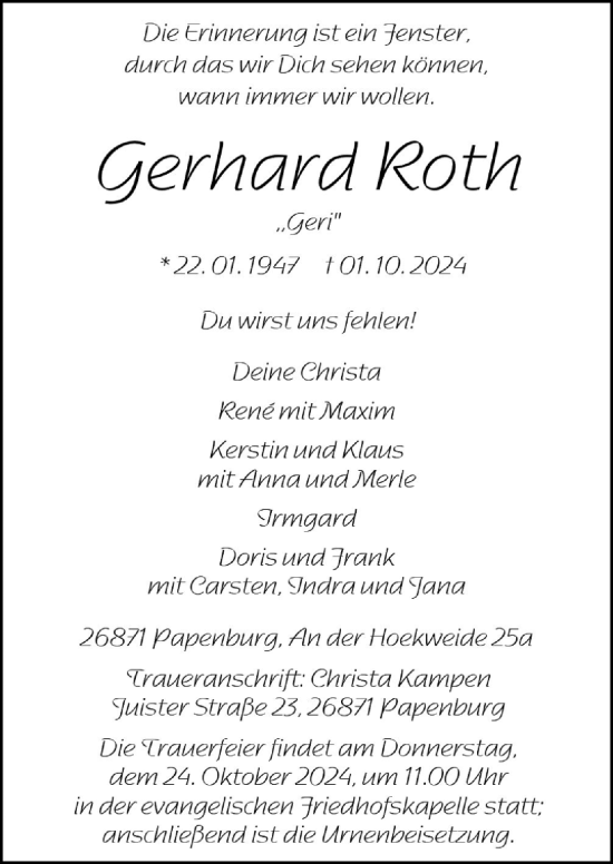 Traueranzeige von Gerhard Roth von Neue Osnabrücker Zeitung GmbH & Co. KG