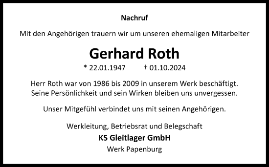 Traueranzeige von Gerhard Roth von Neue Osnabrücker Zeitung GmbH & Co. KG