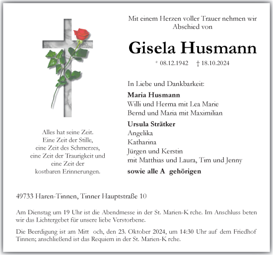 Traueranzeige von Gisela Husmann von Neue Osnabrücker Zeitung GmbH & Co. KG