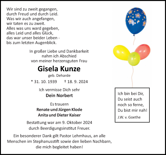 Traueranzeige von Gisela Kunze von DK Medien GmbH & Co. KG