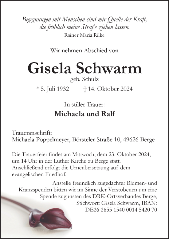 Traueranzeige von Gisela Schwarm von Neue Osnabrücker Zeitung GmbH & Co. KG