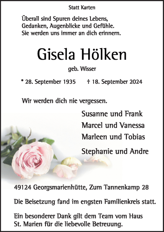 Traueranzeige von Gisela Hölken Wisser von Neue Osnabrücker Zeitung GmbH & Co. KG