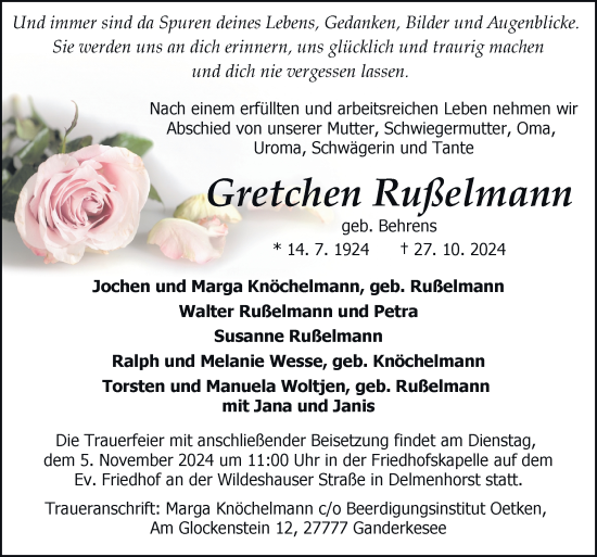 Traueranzeige von Gretchen Rußelmann von DK Medien GmbH & Co. KG