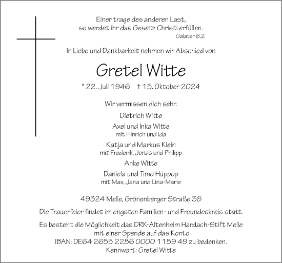 Traueranzeige von Gretel Witte von Neue Osnabrücker Zeitung GmbH & Co. KG