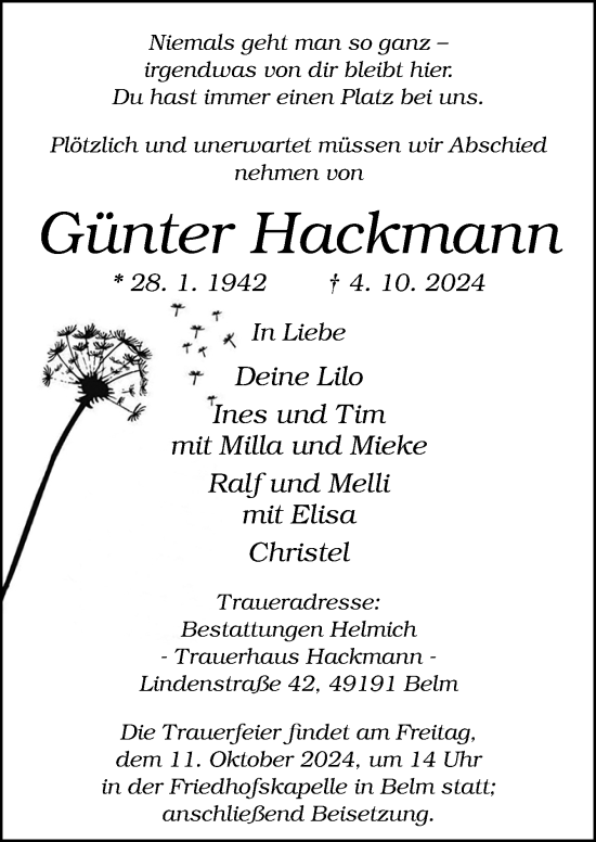 Traueranzeige von Günter Hackmann von Neue Osnabrücker Zeitung GmbH & Co. KG