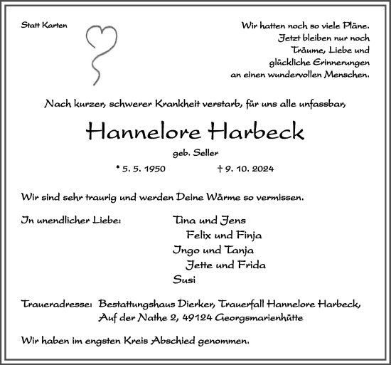 Traueranzeige von Haannelore Harbeck von Neue Osnabrücker Zeitung GmbH & Co. KG