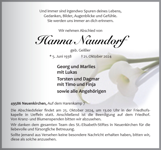 Traueranzeige von Hanna Naundorf von Neue Osnabrücker Zeitung GmbH & Co. KG