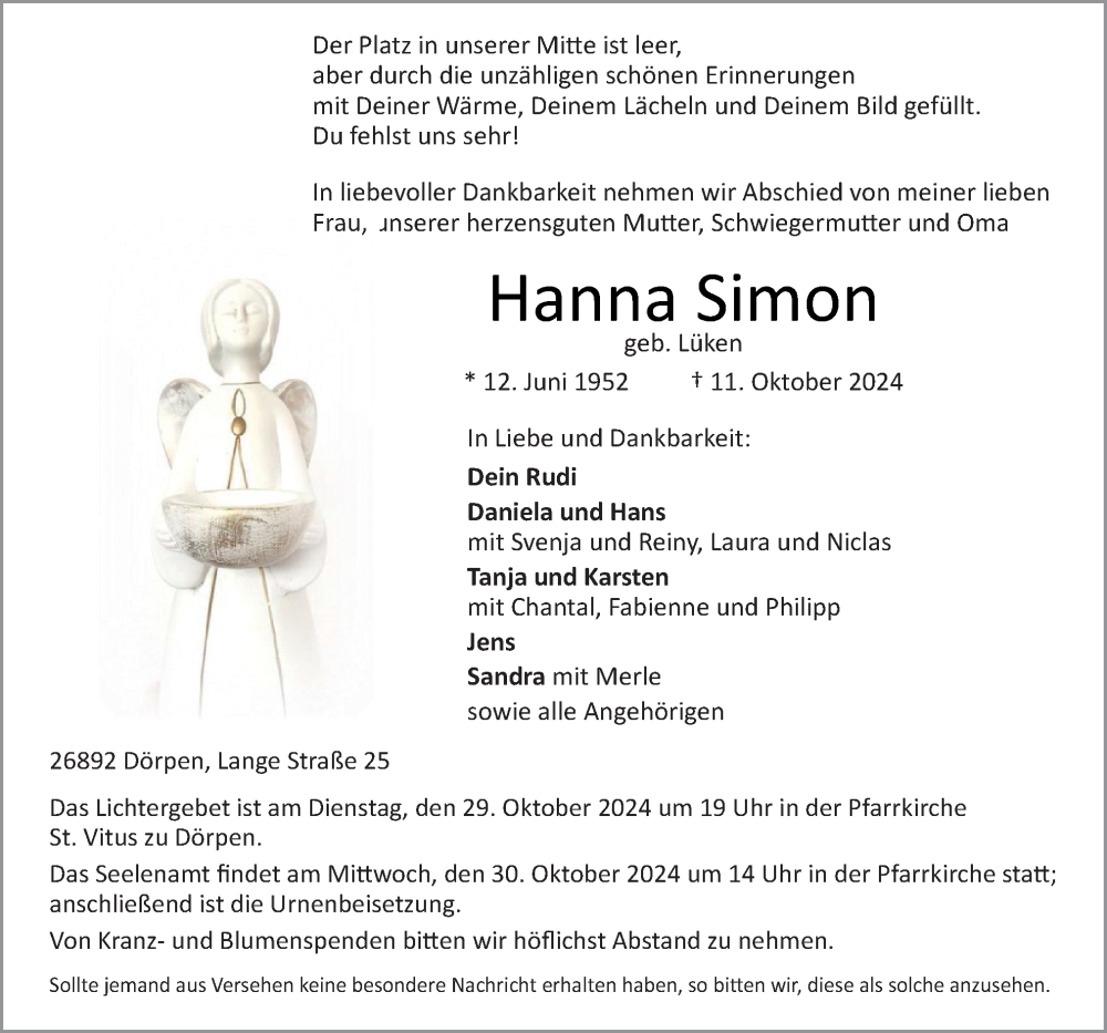  Traueranzeige für Hanna Simon vom 14.10.2024 aus Neue Osnabrücker Zeitung GmbH & Co. KG