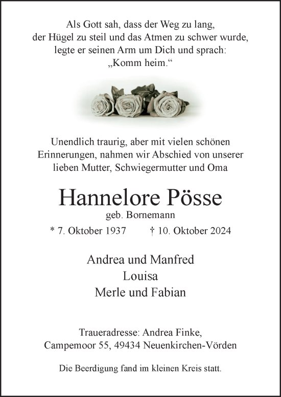 Traueranzeige von Hannelore Pösse von Neue Osnabrücker Zeitung GmbH & Co. KG