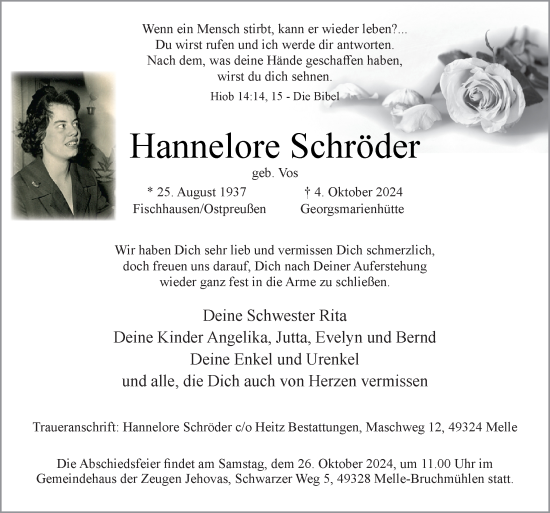 Traueranzeige von Hannelore Schröder von Neue Osnabrücker Zeitung GmbH & Co. KG