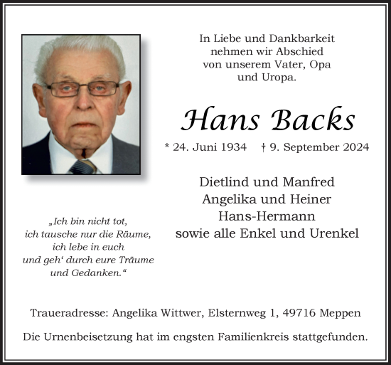 Traueranzeige von Hans Backs von Neue Osnabrücker Zeitung GmbH & Co. KG