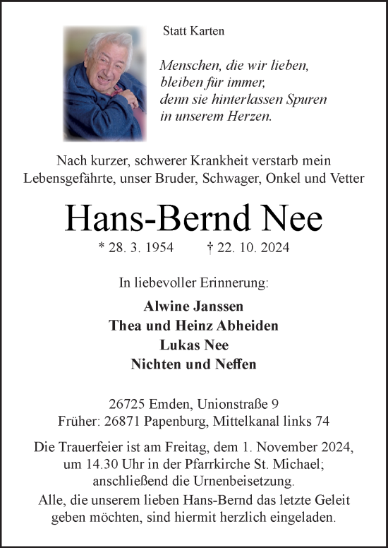 Traueranzeige von Hans-Bernd Nee von Neue Osnabrücker Zeitung GmbH & Co. KG