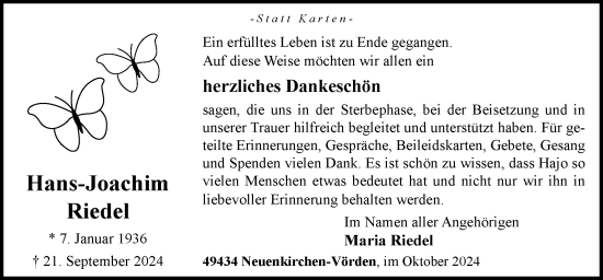 Traueranzeige von Hans-Joachim Riedel von Neue Osnabrücker Zeitung GmbH & Co. KG