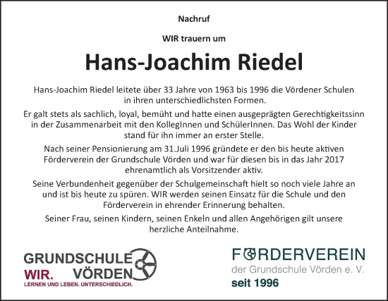 Traueranzeige von Hans-Joachim Riedel von Neue Osnabrücker Zeitung GmbH & Co. KG