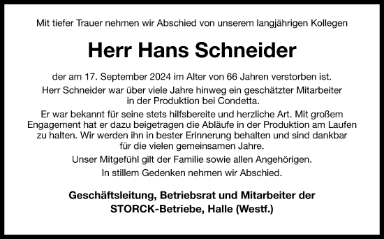 Traueranzeige von Hans Schneider von Neue Osnabrücker Zeitung GmbH & Co. KG